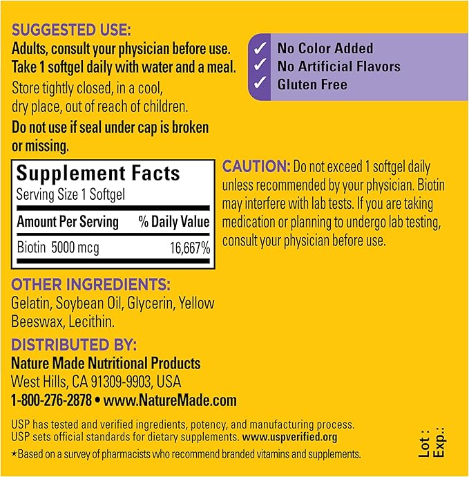 Nature Made Maximum Strength Biotin 5000 mcg Softgels, Biotin Hair Skin and Nails Vitamins Dietary Supplement, 120 Count