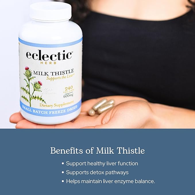 Eclectic Herb - Premium Freeze Dried Milk Thistle Capsules | Silymarin Supplement | Liver Support, Detox, Cleanse + Maintain | Vegan, Natural, Non-GMO, Gluten Free (120 CT | 600 mg)
