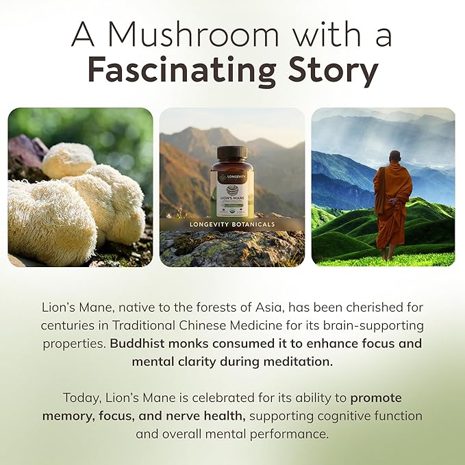 Longevity Botanicals Organic Lion's Mane Mushroom Capsules Supplement Extract 120ct | Hericium Erinaceus Fruiting Body | ≥20% Beta-D-Glucans | 40 Servings of 900mg | Supports Cognitive & Gut Wellness