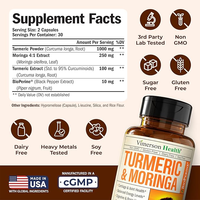 Moringa Turmeric Curcumin Supplement for Joint Health, Gut Health, Energy & Immune Support – Turmeric Curcumin with Black Pepper – Total Wellness Formula with Tumeric Moringa Pure Capsules – 60 Count