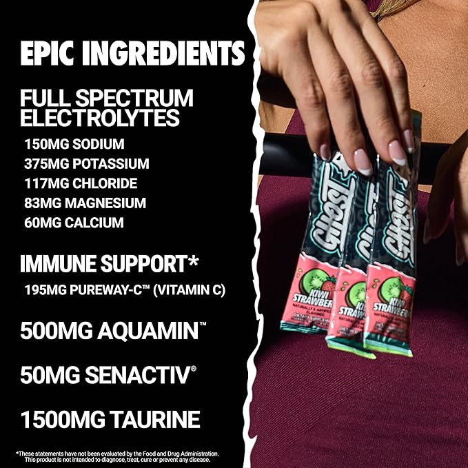 GHOST Hydration Sticks, Electrolyte Powder Packets, Kiwi Strawberry - 24 Sugar Free Instant Electrolyte Drink Mix - Caffeine-Free Daily Hydration & Immune Support with Clean Formula