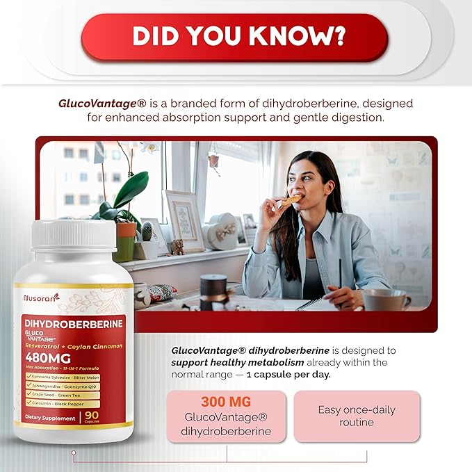 Dihydroberberine - Super Berberine - Patented GlucoVantage 810mg - 5X Absorption - with Resveratrol Cinnamon Grape Seed Extract- Support Metabolism, Digestion (90 Count (Pack of 1))