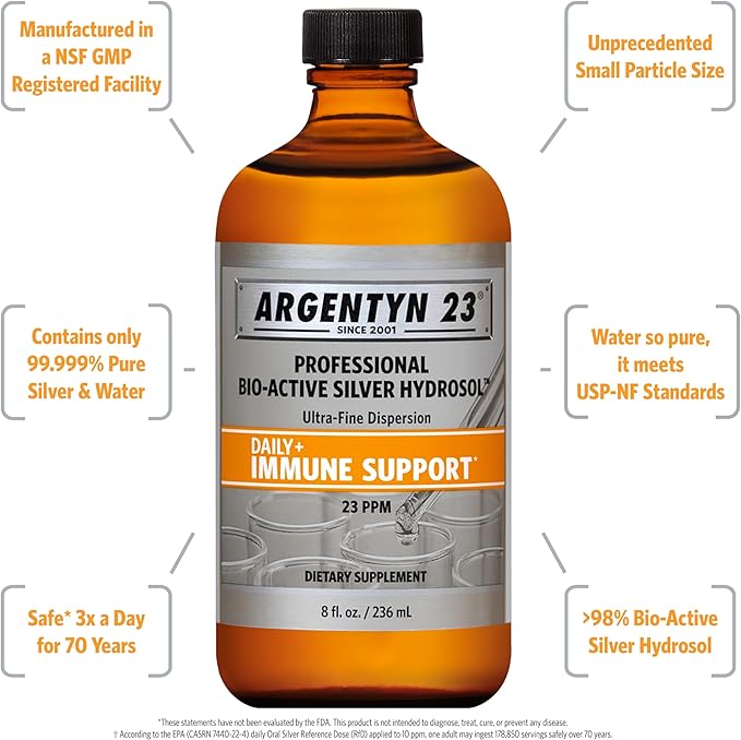 Argentyn 23 Professional Immune Support - Colloidal Silver, Bio-Active Silver Hydrosol, 23 ppm, Liquid Twist Top, 8 Fl Oz (236 mL)