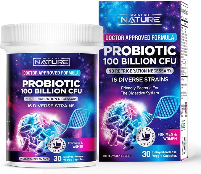 Built by Nature 100 Billion CFU Probiotic – 16 Strains + Prebiotics – Immune & Digestive Support – for Women & Men – Delayed Release Capsules, Shelf Stable – 1 Month Supply - 30 Capsules
