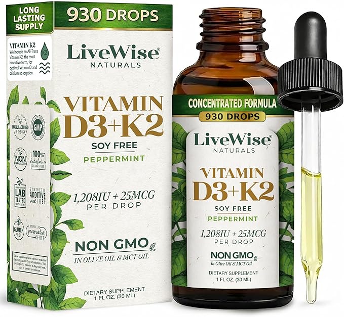 Vitamin D3 K2 (MK-7) Peppermint Drops for Adults - 930 Drops, Ultra Concentrated Formulation, 1208 IU Vitamin D3, 25 MCG - Precision Micro-Dosing Dropper for Calcium & Bone Support