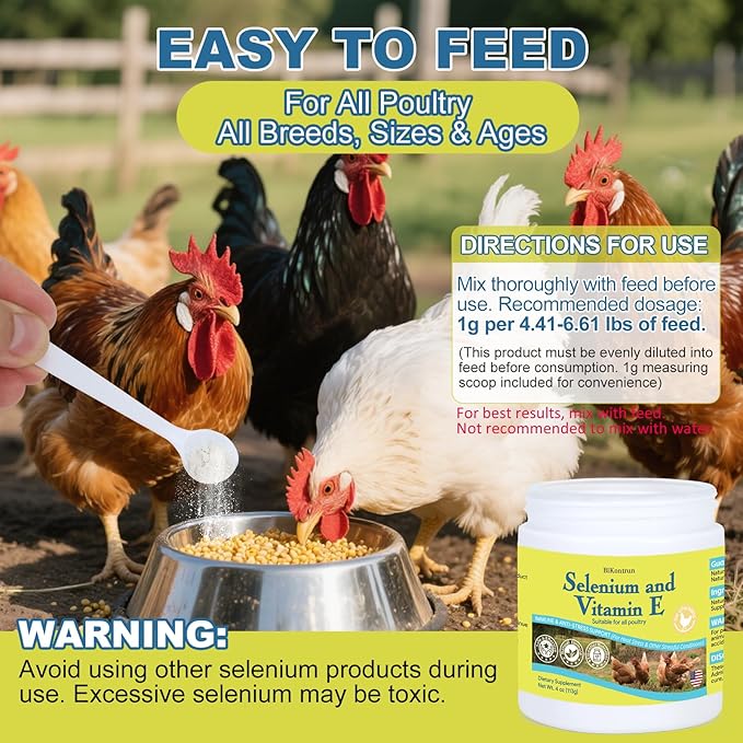 Selenium & Vitamin E Powder for Chickens, Selenium for Chickens, Immune System, Muscle Support & Prevents, Improve Wry Neck, Selenium, Vitamin E Supplements, Suitable for All Poultry, Chicken & More