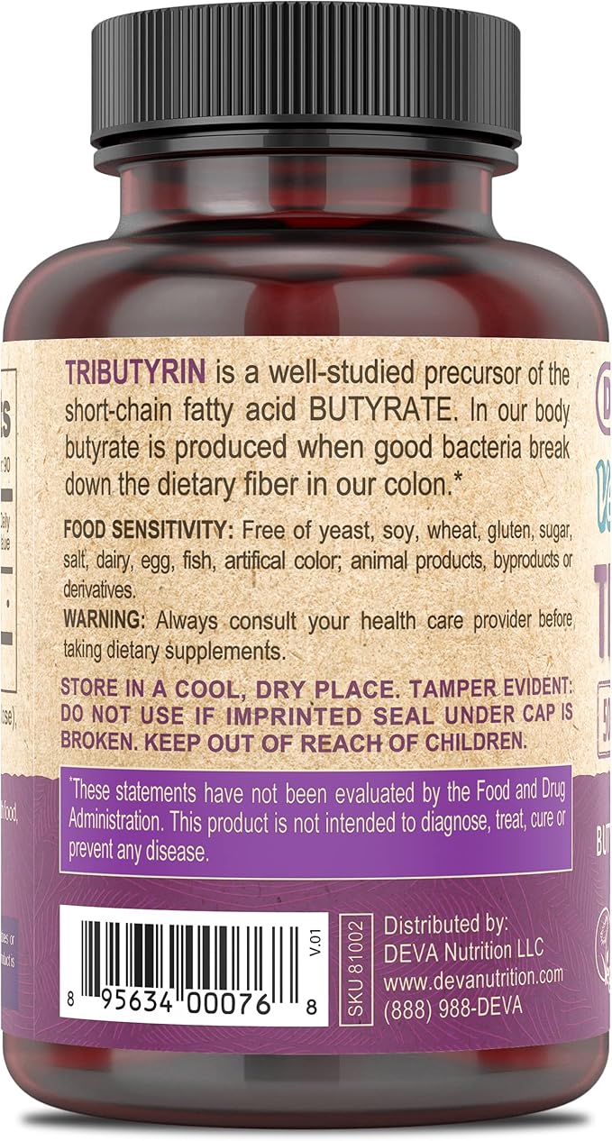 DEVA Vegan Tributyrin Supplement - Butyrate Precursor, Gut Barrier Support, Butyric Acid, 500 MG Vegan Capsules, Leaky Gut Support, Digestion, 90 Count