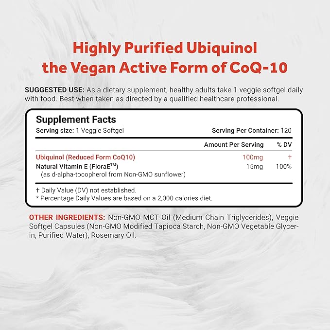 Naturalis Ubiquinol 100mg Active CoQ-10 Emulsified in MCT Oil for Better Absorption | Gluten Free, Non-GMO & Soy-Free | Cardiovascular Wellness, Antioxidant Protection, and Healthy Skin*| 120 Softgels