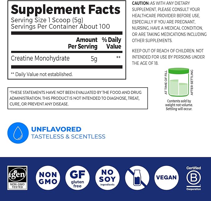 Orgain Creatine Monohydrate Micronized Powder,100 Servings,Unflavored,Supports Muscle Growth,Post Workout Recovery and Brain Health,No Artificial Additives,for Men & Women,Vegan,(Pack of 2)