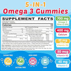 Kids Omega 3 Gummies + Calcium 400mg + Vitamin D3 K2 + C, Omega-3 DHA & EPA Supplement - No Fish Burps, No Sugar - Kids & Teens Omḛga 3 + Multivitamin Gummy for Strong Bones, Brain, Immune, Eye, 2Pack