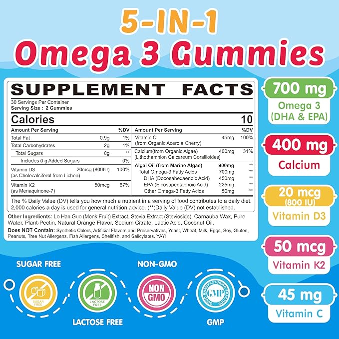 Kids Omega 3 Gummies + Calcium 400mg + Vitamin D3 K2 + C, Omega-3 DHA & EPA Supplement - No Fish Burps, No Sugar - Kids & Teens Omḛga 3 + Multivitamin Gummy for Strong Bones, Brain, Immune, Eye, 60Cts