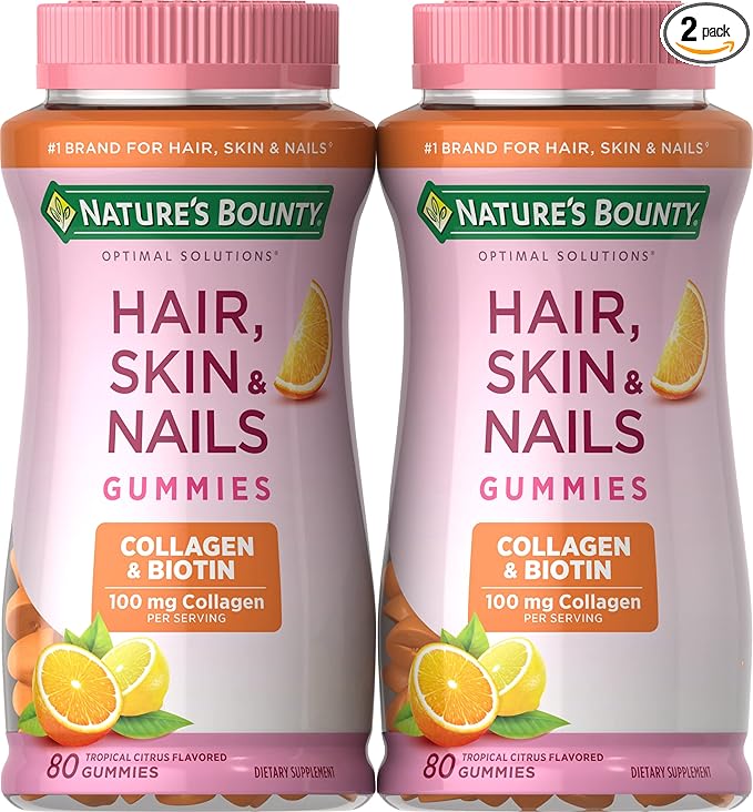 Nature's Bounty Hair, Skin & Nails with Biotin and Collagen, Citrus-Flavored Gummies Vitamin Supplement, Supports Hair, Skin, and Nail Health for Women, 2500 mcg, 80 Ct (2 Pack), 80 Total Servings
