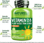 NATURELO Vitamin D - 5000 IU - Plant Based from Lichen - Natural D3 Supplement for Immune System, Bone Support, Joint Health - High Potency - Vegan - Non-GMO - Gluten Free - 180 Capsules (Pack of 2)