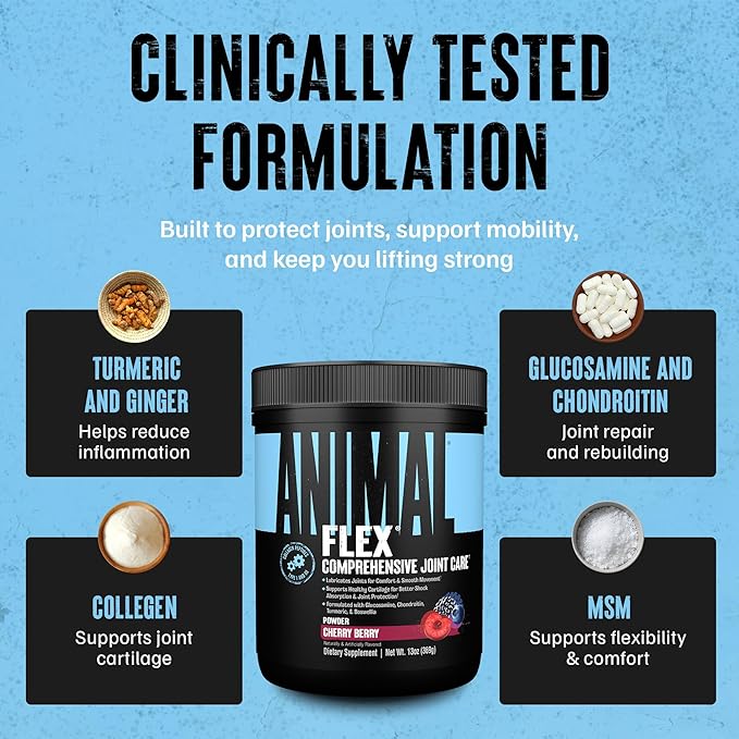 Animal Flex Powder - Joint Support Supplement for Pain Relief, Repair and Restore Muscles with Turmeric, Glucosamine, Chondroitin, MSM, Collagen and Boswellia, Great Tasting Cherry Flavor, 30 Scoops