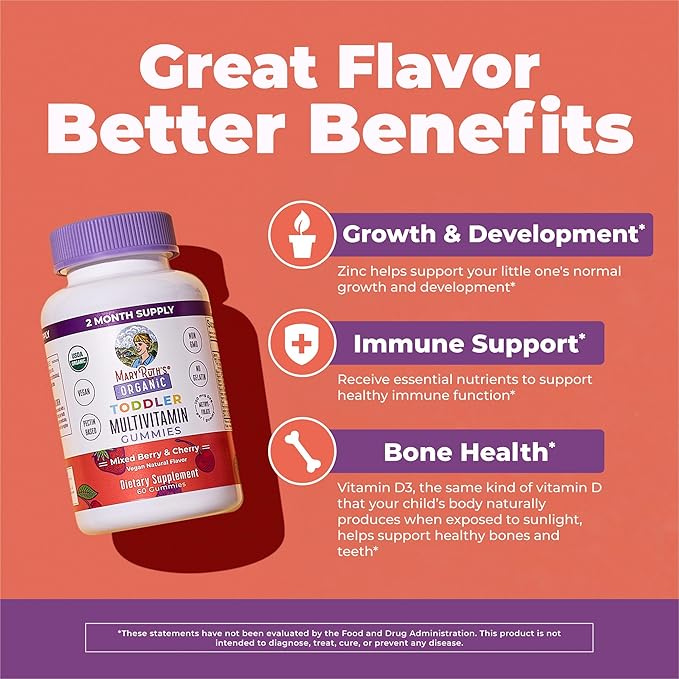MARYRUTH'S Organic Toddler Multivitamin Gummies | Ages 4+ | Vitamin A, C, D, E, B6, B12, Biotin, Iodine, Zinc | Immunity | Bone & Teeth Health | Skin & Vision Support | Vegan | Gluten Free | 60 Count