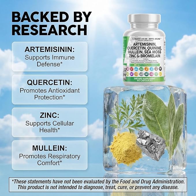 Clean Nutraceuticals Artemisinin Quercetin Zinc Mullein Quinine Supplement with Sea Moss Bromelain Ashwagandha Root Nettle Leaf Bladderwrack Burdock Root Monolaurin Colostrum Rutin