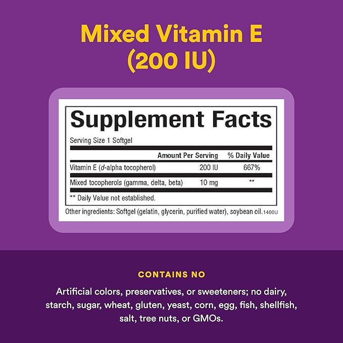 Natural Factors Mixed Vitamin E 134 mg (200 IU) - Antioxidant Supplement for Cardiovascular Support - No Artificial Ingredients - Gluten-Free, Dairy-Free & Non-GMO - 90 Softgels (90 Servings)