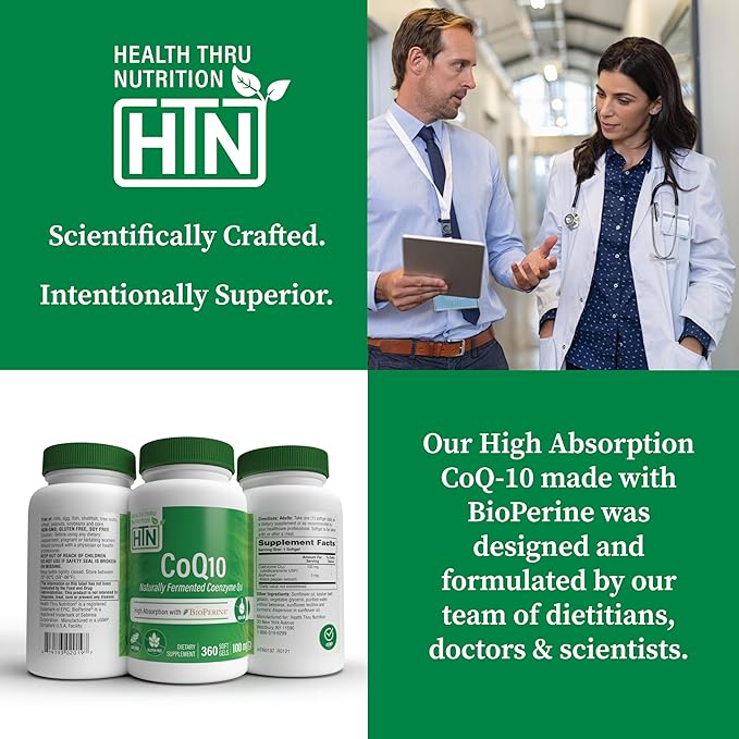 Health Thru Nutrition CoQ-10 100mg with BioPerine 360 Softgels | High Absorption Naturally Fermented USP Grade Coenzyme Q10 Supplement | 3rd Party Tested | Heart Health and Energy Support