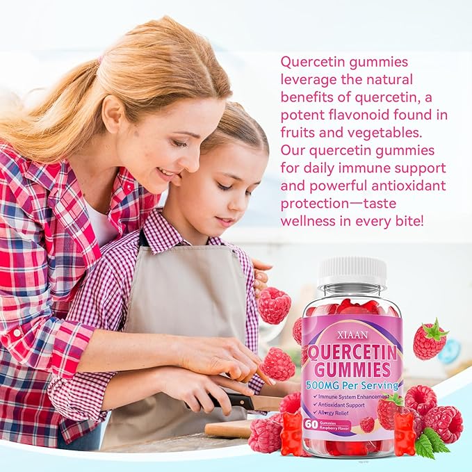 Quercetin Gummies 500mg for Kids & Adults, Organic Quercetin Supplements with Bromelain Zinc Vitamin C and D3 Support Antioxidant & Immune System Health, Strawberry Flavor 60 Count