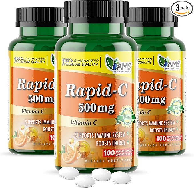 America Medic & Science Rapid-C 500mg Vitamin C Supplement (3 Pack of 100 Tablets) Energy Booster, Daily Immune System Support, Antioxidant | Vegan, Non-GMO Coated Ascorbic Acid for Adult Men & Women
