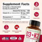 Vitamin D3 K2 Supplement – All-in-1 Support for Immune, Bone & Heart Health – Vitamin D + Vitamin K (as MK7) – K2 D3 2000IU Vitamin Supplement, 90 Natural Cherry-Flavored Chewables