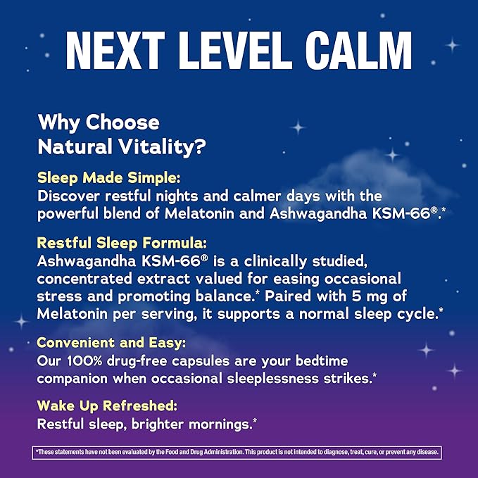 Natural Vitality Calm Sleep Melatonin and Ashwaganda KSM-66 Capsules | 100% Drug Free | 60 Count