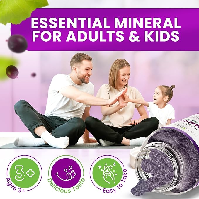 Iron Gummies with Vitamin C - Chewable Iron Supplement for Iron Deficiency Anemia, Red Blood Cell Support, Energy, Immune Function, Brain Health, Max Absorption, Grape Flavor, 180 Vegan Gummies