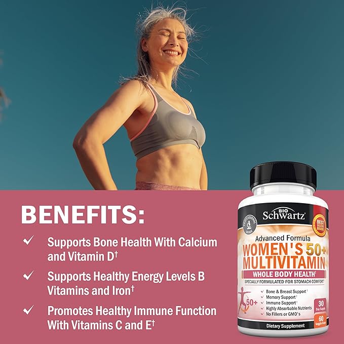 Daily Multivitamin for Women 50 & Over – Memory Support Supplement – Promotes Stress Reduction & Healthy Immune Response – Women's Multivitamin Supplement Designed for Stomach Comfort - 60 Capsules