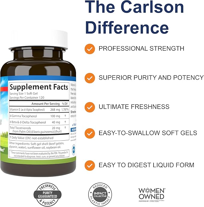 Carlson - E-Gems Elite, 400 IU (268 mg) Vitamin E with Tocopherols and Tocotrienols, Optimal Wellness, 120 Soft Gels
