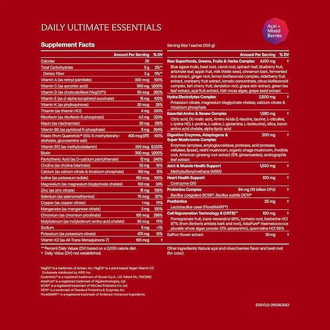 IM8 Daily Ultimate Essentials All-in-One Multivitamin Supplement, 92 Nutrient Rich Ingredients CoQ10, Probiotics, Vitamins, Greens, Gluten Free, Vegan (30 Packets, Acai and Mixed Berries)