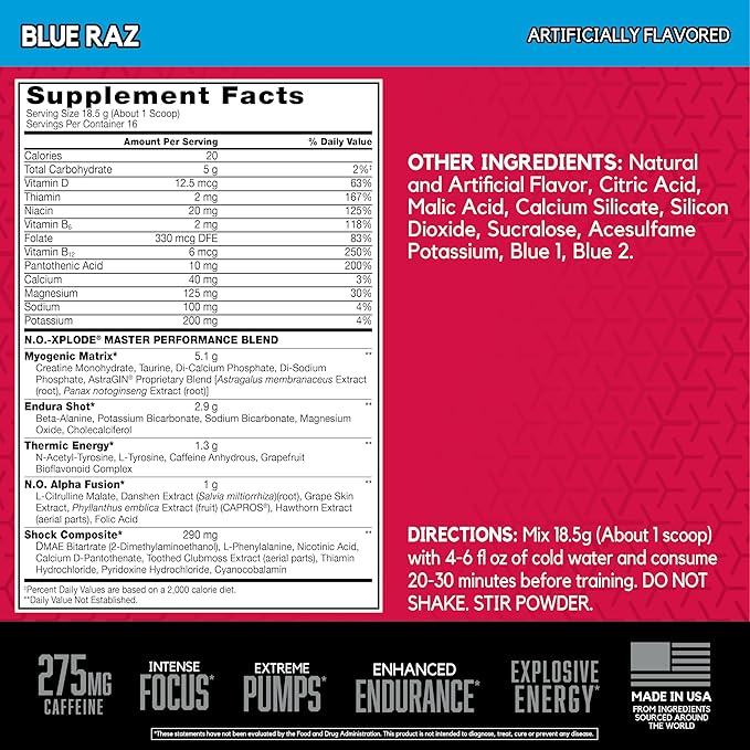 BSN N.O.-XPLODE Pre Workout Powder, Energy Supplement for Men and Women with Creatine and Beta-Alanine, Blue Raz, 16 Servings, 0.65 Pound