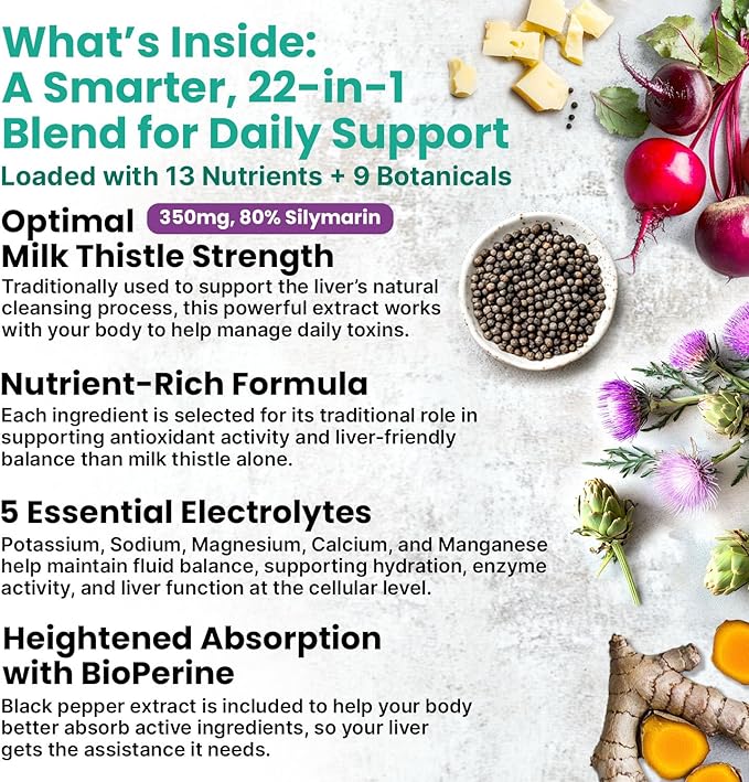 22-in-1 Liver Support Capsules – Supplement with Milk Thistle, NAC, Electrolytes & BioPerine Supplement – Smart Dose for Your Natural Filtration & Daily Hydration – 90 Vegan Capsules (Pack of 1)