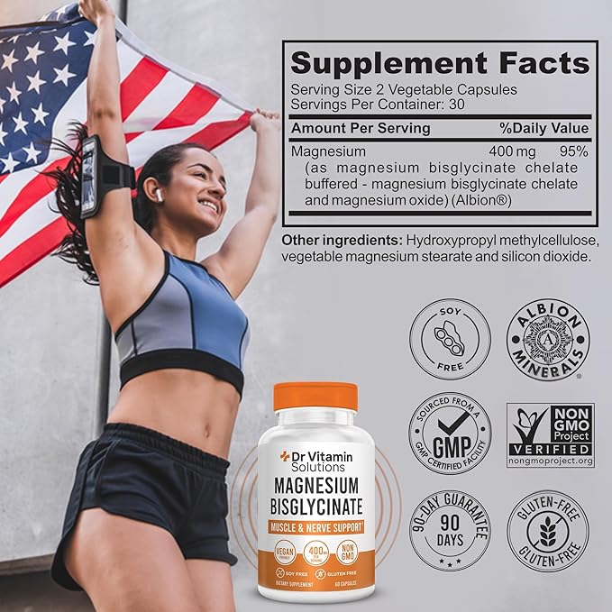 Magnesium Glycinate 400mg (Buffered Magnesium Bisglycinate Chelate) | Albion® Chelated Magnesium for Muscle & Nerve Support + Calm | High Absorption, Gentle on Stomach (1 Bottle, 60 Capsules)
