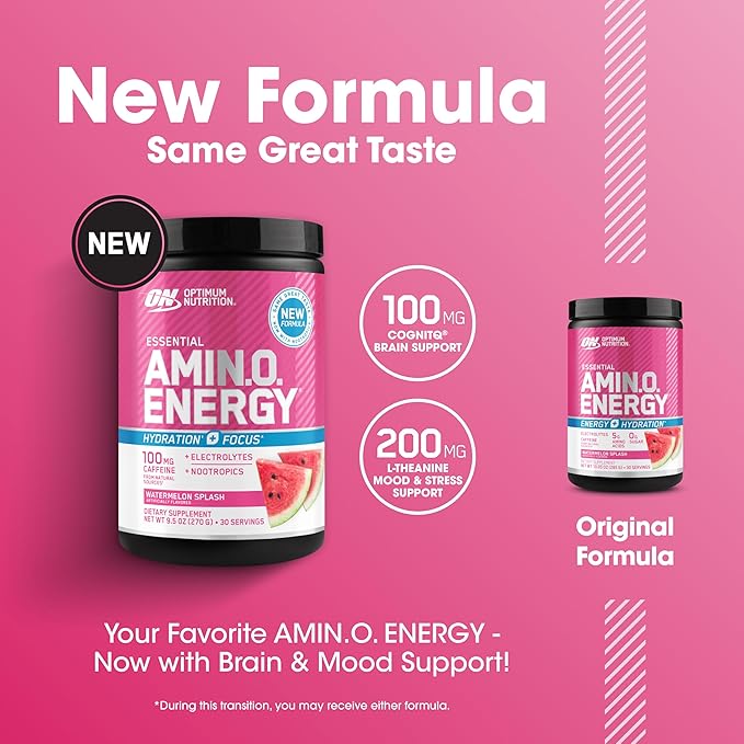 Optimum Nutrition Amino Energy Powder Plus Focus, with BCAA, Electrolytes, and Caffeine, Watermelon, 30 Servings (Packaging May Vary)