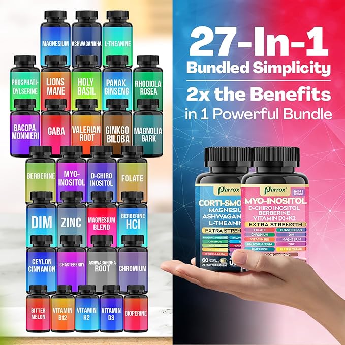 Cortisol & Myo-Inositol Supplement Bundle, Soothe & Smooth Bundle, Cortisol Balance, GABA, Magnesium, Ashwagandha, L-Theanine, D-Chiro Inositol, Folate, Berberine, Chasteberry, Zinc (2 Pack)