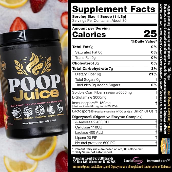 Poop Juice 5-in-1 Daily Fiber Supplement Powder - Bloat & Poop Relief - Prebiotic, Probiotic, Postbiotic, Digestive Enzymes, L-Glutamine - GLP-1 Support - Sugar-Free Strawberry Lemonade (30 Servings)