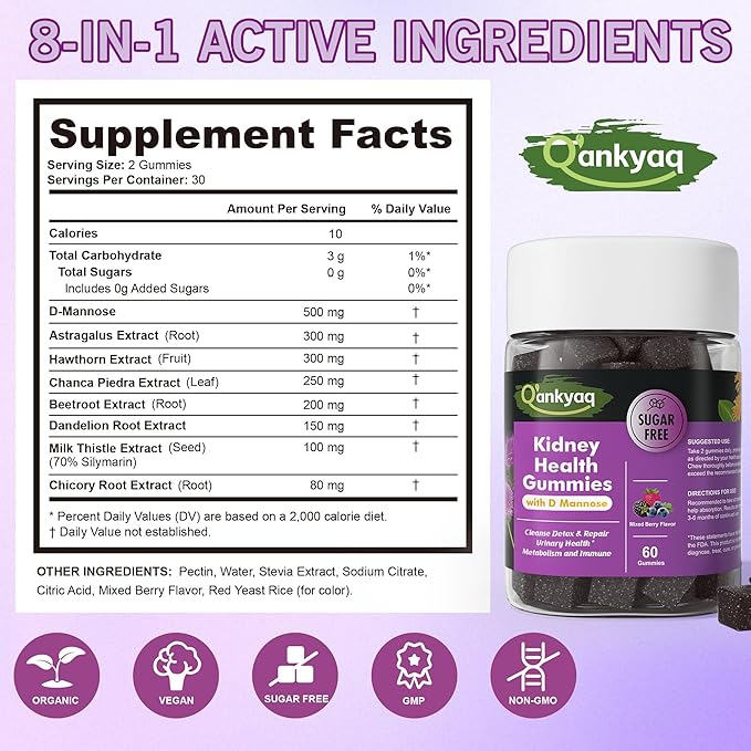 D mannose Gummies for Women, Kidney Cleanse Detox & Repair Gummies – Urinary Health & Kidney Stone* Support, Chewable D-mannose with Astragalus, Dandelion, Milk Thistle – Vegan, Sugar-Free, 60 cts