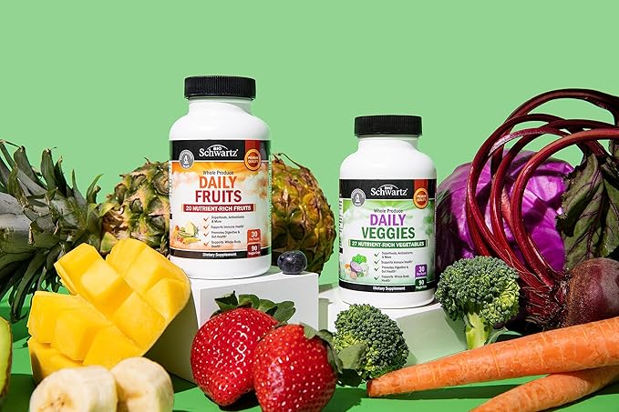 Daily Fruits and Veggies Supplement for Women and Men - 47 Whole Food Fruits and Vegetables - Diverse Natural Balance of Vitamins Minerals and Noni - 180 Fruit Capsules, 180 Veggie Capsules (2 Pack)