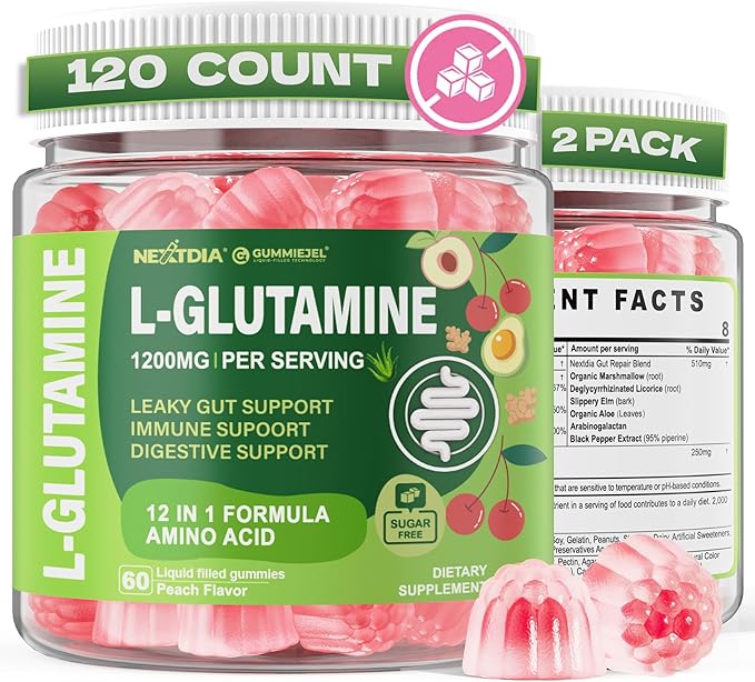 L-Glutamine 1200mg Gut & Immune Support Gummies,Leaky Gut Repair Supplement with Slippery Elm,Marshmallow Root,Ginger Root,Arabinogalactan,Organic Aloe,Vitamin C,Vitamin D3,Zinc,Sugar-Free | 120 Count