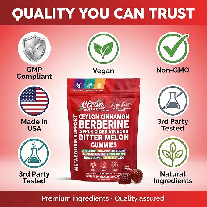 Sugar Savior Ceylon Cinnamon Berberine Gummies Apple Cider Vinegar Artichoke Turmeric Blueberry Ginseng Banaba Bitter Melon Black Pepper Vitamin D Zinc GLP1 Gummies 60 Count by Clean Nutra