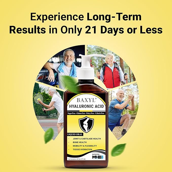 BAXYL Liquid Hyaluronic Acid Supplement for Joint Health, 2 Bottles of 6 Oz - Patented MHB3 Formula for Bone, Skin, Eye Health & to Restore Cartilage - Vegan, Gluten-Free, Non-GMO for Comfort