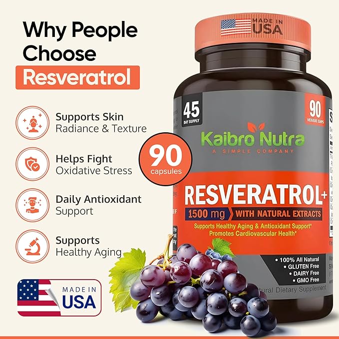 Kaibro Nutra Resveratrol Supplement, 1500mg Extra Strength Trans Resveratrol, Quercetin with Japanese Knotweed Extracts, Anti-Aging, Radiant Skin and Immunity Support, Vegan & Non-GMO, 90 Capsules