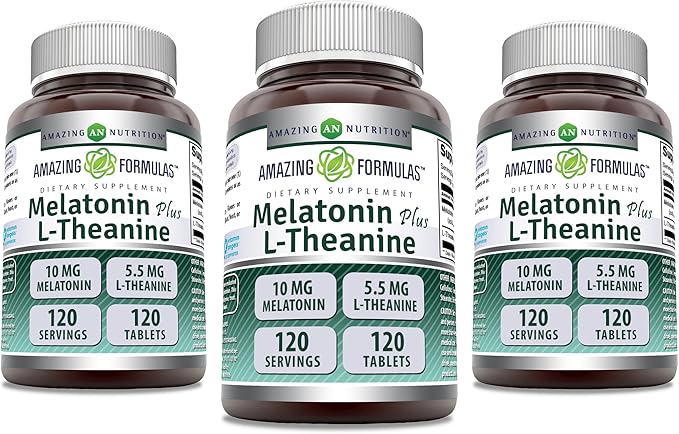 Amazing Formulas Melatonin 10 Mg Plus L-Theanine 5.5 Mg Supplement | Tablets | Non-GMO | Gluten Free | Made in USA | (120 Tablets, Pack of 3)