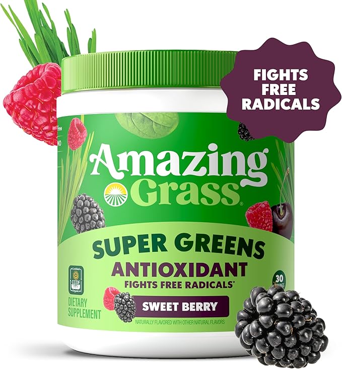Amazing Grass Greens Blend Antioxidant: Super Greens Powder Smoothie Mix with Organic Spirulina, Beet Root Powder, Elderberry, Bilberry, Prebioitics & Probiotics, Sweet Berry, 30 Servings (Packaging May Vary)
