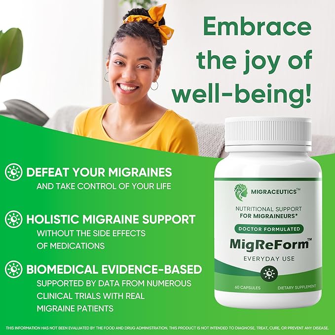 MigReForm – Doctor Formulated Nutritional Supplement and Migraine Wellness Support - Natural Migraine Health Formula with Magnesium, Vitamin B2 & CoQ10-60 Capsules for Women & Men
