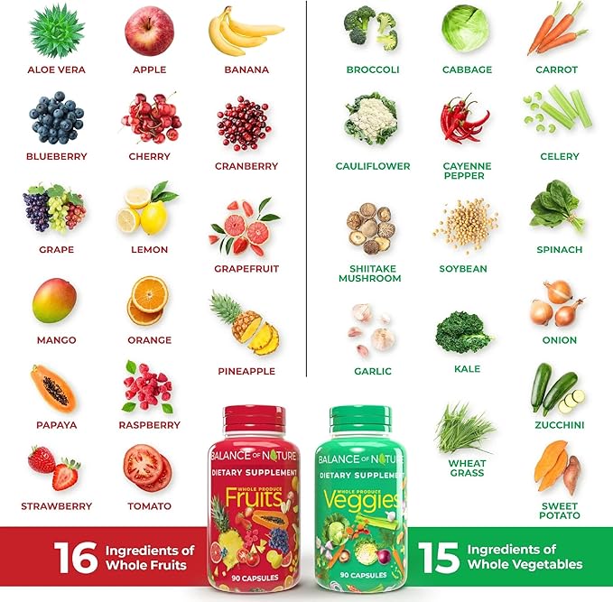 Balance of Nature Fruits & Veggies Supplements - Whole Fruit and Vegetable Ingredients for Women, Men, and Kids - 90 Fruits Capsules, 90 Veggies Capsules - 2 Sets