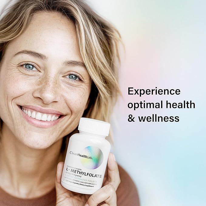 CleanHealthLab L-Methylfolate 15mg, 5-MTHF Active Folate - Maximum Potency Methylated Vitamin B9 Supplement - Support for Brain Health, Energy, Nerves, and Methylation with No Fillers (120 Count)