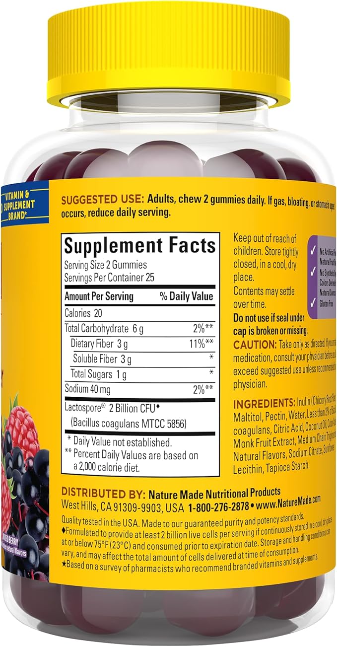 Nature Made Probiotic + Prebiotic Fiber Gummies for Daily Gut Health,Fiber Supplement with Probiotics for Digestive Health Support,50 Gummies,25 Day Supply,(Pack of 2)