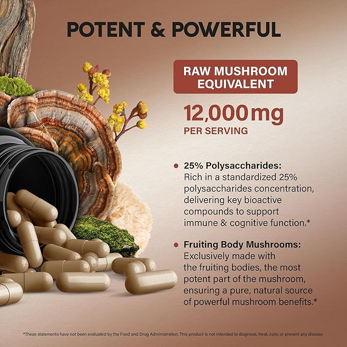 Mushroom Supplement - Organic Lions Mane | Turkey Tail | Chaga | Cordyceps | Reishi | Maitake | Shiitake | Meshima | Tremella | Oyster | Agaricus - Made in USA - Non GMO, Gluten Free - 120 Capsules