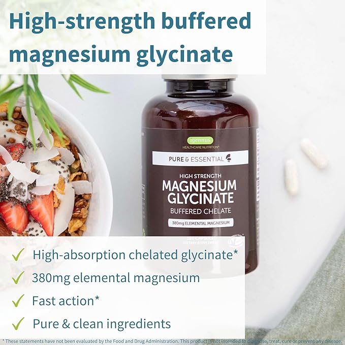 Igennus Highest Strength Chelated Magnesium Glycinate 1300mg, 380mg Elemental, 90 Servings, Pure & Clean Buffered Magnesium Bisglycinate, Vegan, 180 Capsules